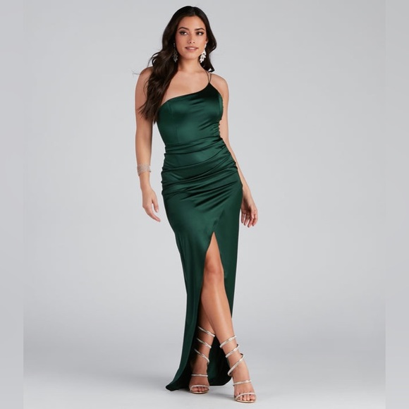 Windsor Adrienne Formal One Shoulder Satin Wrap Green Dress Size M - Picture 1 of 6
